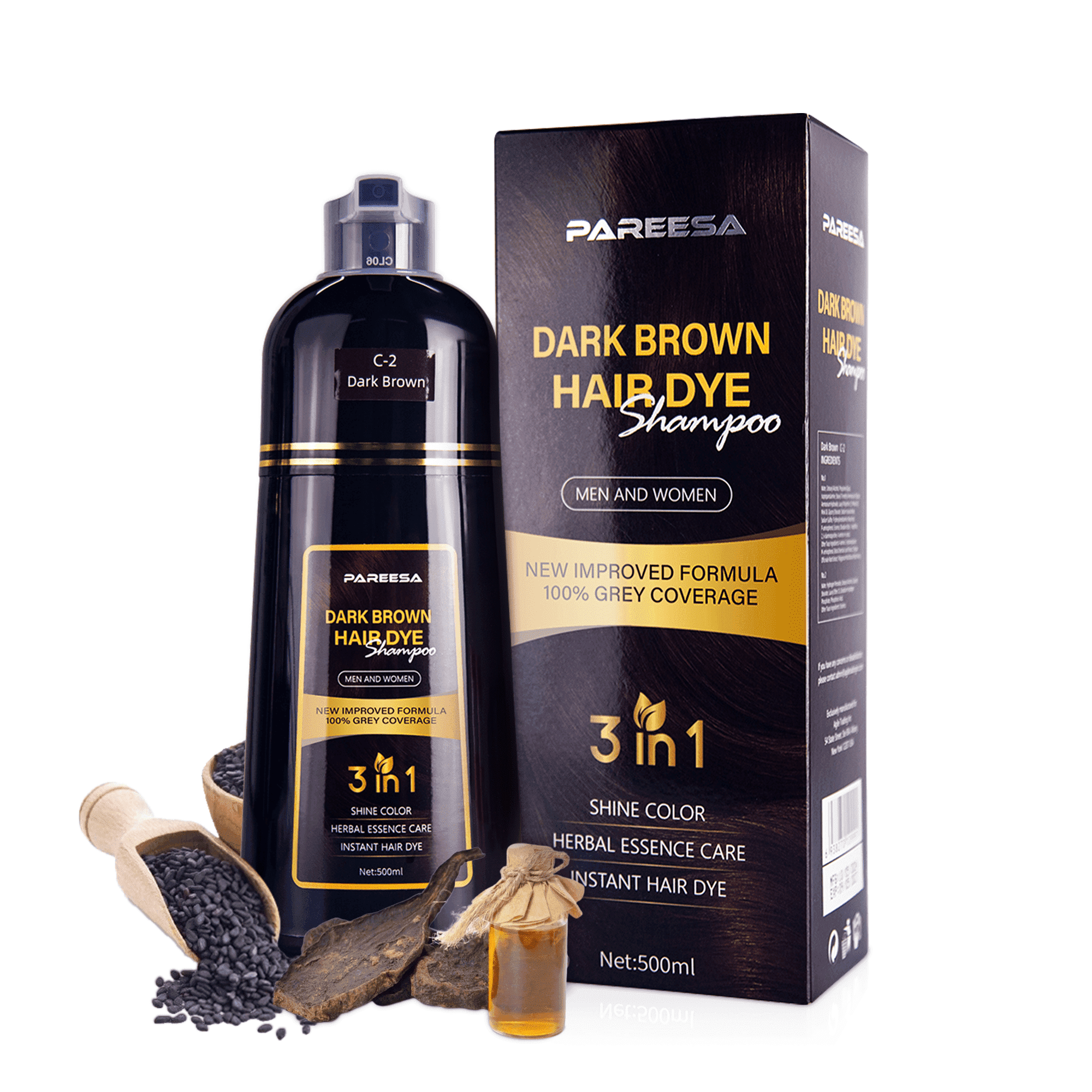 PAREESA Dark Brown Hair Dye Shampoo, 3 in 1 Hair Color Solution