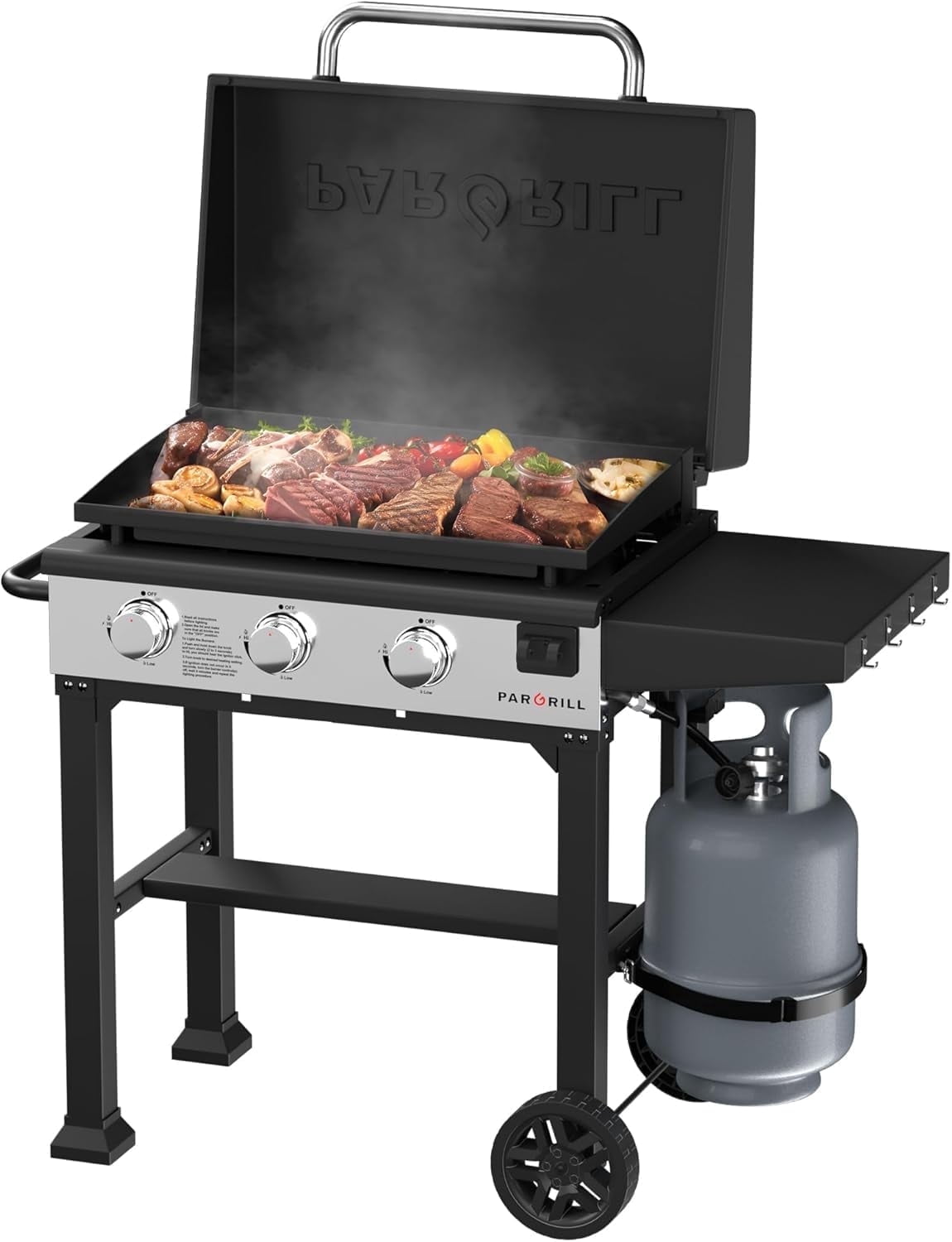 ‎PARGRILL 28" Flat Top Gas Grill Griddle, 3 Independent Burners Propane Heavy Duty Grill Station with Side Shelves for Backyard Outdoor BBQ
