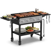 PARGRILL 36 Gas Griddle, 4 Independent Burners Propane Flat Top Grill with Side Tables, 60,000 BTU Outdoor Griddle Station with Wheels for Backyard BBQ