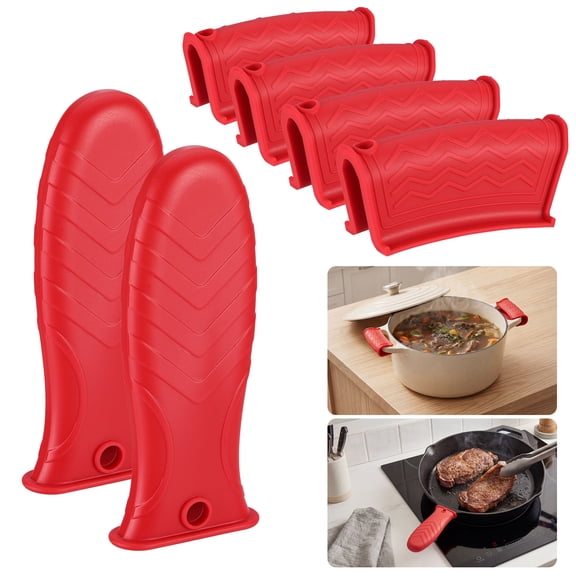 PARGRILL 6-Piece Silicone Cast Iron Handle Cover Set, Heat Resistant Skillet Handle Covers with 2 Main Handle Sleeves & 4 Assist Handle Holders, Red