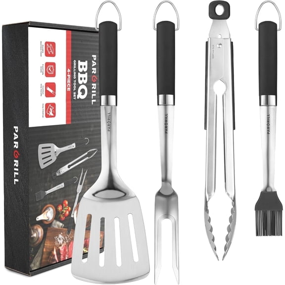 PARGRILL BBQ Accessories Set Heavy Duty Stainless Steel Spatula, Fork, Brush and Tongs, Essential Barbecue Tool Kit for Outdoor Cooking and Grilling Lovers