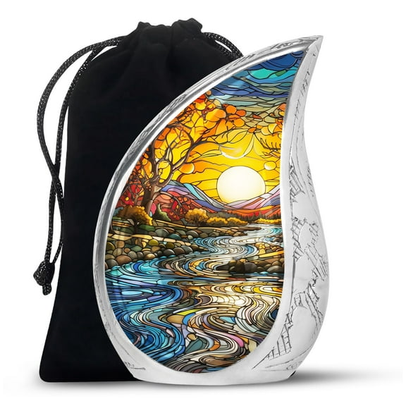 PARHUS Glass River Landscape Teardrop Urn, Burial Urns for Dad, Large Urn 10 Inch for Male, Funeral Urn for Adult Ashes Men/Women, Memorial Urn for Human Ashes, Metal Cremation Urns for Adult Ashes