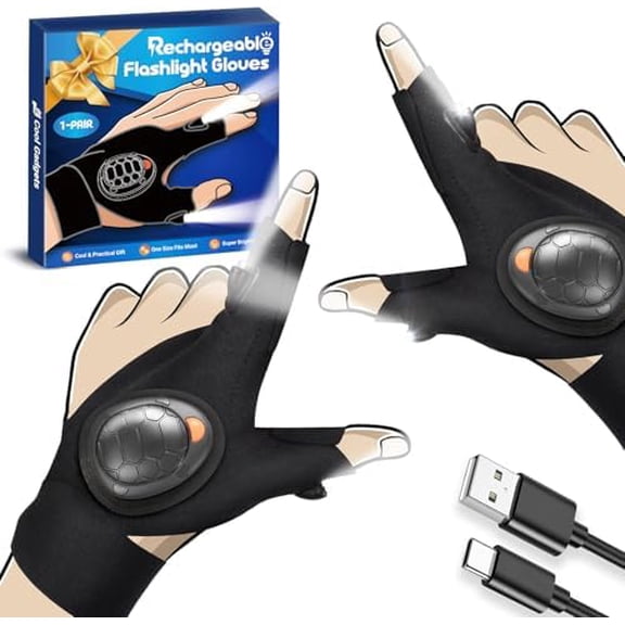 PARIGO Flashlight Gloves for Men Rechargeable (1 Pair) Stocking Stuffers for Men Dad Him Husband Teen Boys, Christmas Birthday Gifts Cool Gadgets Led Gloves for Fishing Camping Repairing$$