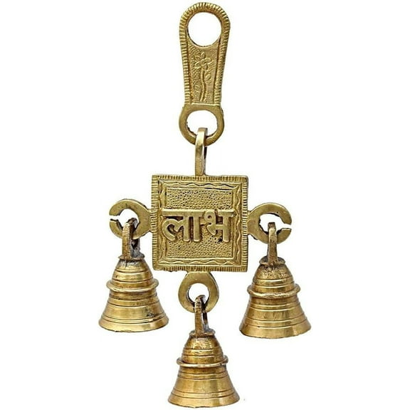 PARIJAT HANDICRAFT Brass Decorative Indian Style Fair Trade Wall Hanging Brass Bells Hanging Hindu God Ganesha and Goddess Laxmi Ji Statue Engraved for Luck Home Temple Use (3-Bells-Labh)
