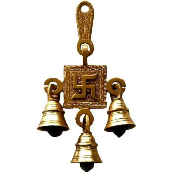 PARIJAT HANDICRAFT Brass Decorative Indian Style Fair Trade Wall Hanging Brass Bells Hanging Hindu God Ganesha and Goddess Laxmi Ji Statue Engraved for Luck Home Temple Use