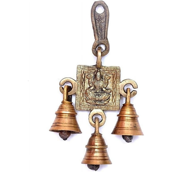 PARIJAT HANDICRAFT Brass Decorative Indian Style Fair Trade Wall Hanging Brass Bells Hanging Hindu Goddess Laxmi Ji Statue Engraved for Luck Home Temple Use
