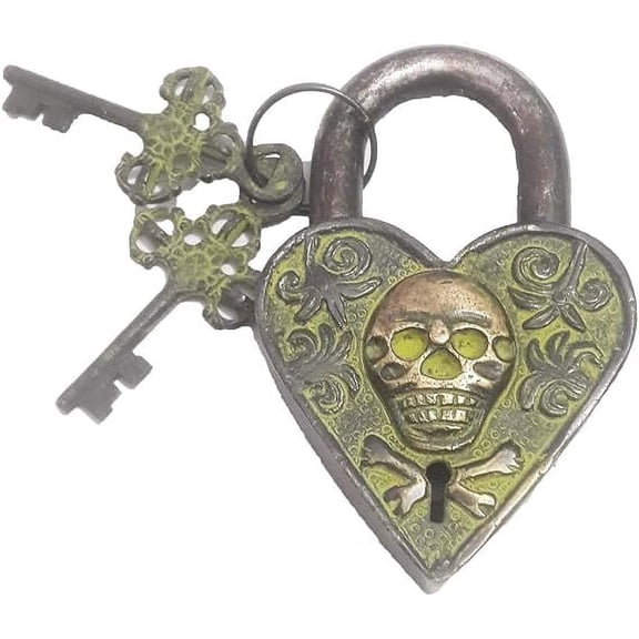 PARIJAT HANDICRAFT Brass Door Padlock Fully Functional Handmade Antique Design with Keys Unique Collectible Locks Combination of Style & Security (Man-Skull-ant)
