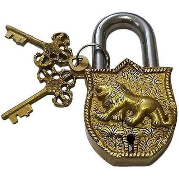 PARIJAT HANDICRAFT Brass Padlock Door Lock Tiger Engraved Design Fully Functional Brass Lock with 2 Keys (Golden)