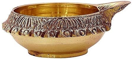 PARIJAT HANDICRAFT Handmade Indian Puja Brass Oil Lamp - Golden Diya Lamp Engraved Design Dia - 2.5 Inch Pack of 1