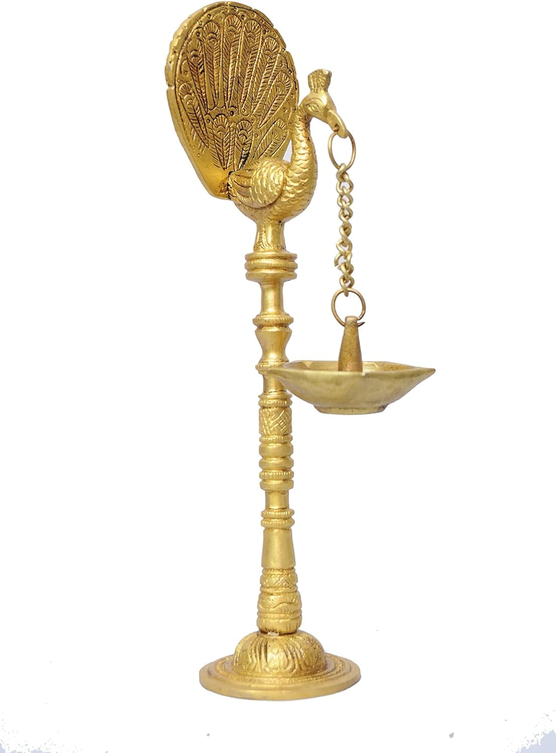 PARIJAT HANDICRAFT Handmade Indian puja Golden Peacock Five Wicks Oil lamp for Diwali Pooja