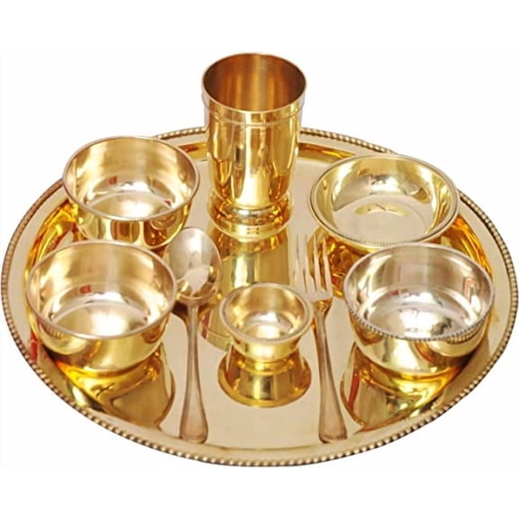 PARIJAT HANDICRAFT Indian dinnerware brass traditional dinner set of thali plate, bowls, glass and spoon beautifully handcrafted tableware for gift (Dinnerware-Set02)