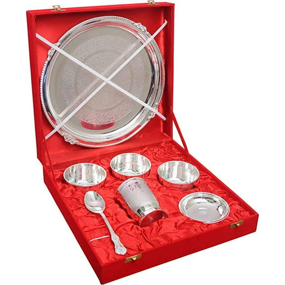 PARIJAT HANDICRAFT Indian dinnerware brass traditional dinner set of thali plate, bowls, glass and spoon beautifully handcrafted tableware for gift (Dinnerware-Set10)