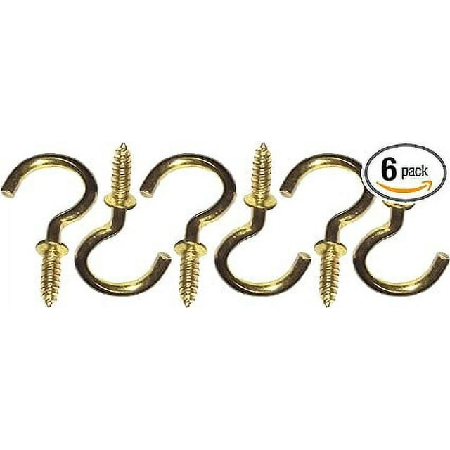 PARIJAT HANDICRAFT Pack of 6 Brass Screw Hooks JHook Cup Hooks Screw