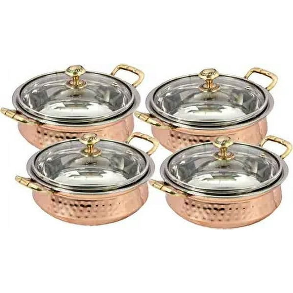 PARIJAT HANDICRAFT Set of 4 Indian hammered copper stainless steel serving bowl for food soup with handle and glass lid decorative seveware Size- 5 Inch