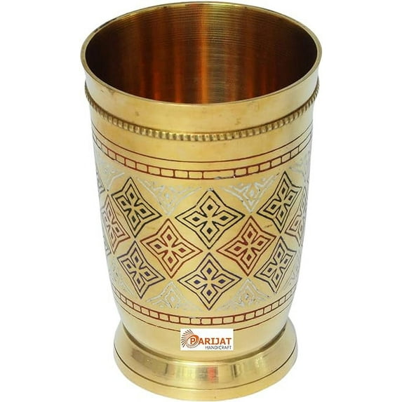 PARIJAT HANDICRAFT brass-tumbler-7316FB Brass water tumbler mint julep cup beautifully engraved capacity 10 ounce approx