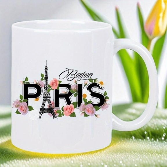 PARIS 11oz Ceramic Coffee Mug Reusable Insulated Travel Cup Hand Wash Only Tea Lovers and Men Women in White with Fun Font Style Durable Design Ideal