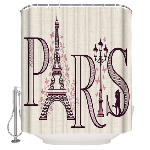 PARIS Bathroom Shower Curtains with 12 Hooks Polyester Waterproof Shower Curtain for Stalls and Bathtubs Vintage Pink Eiffel Tower Romantic Leaves Couple Decorative Bathroom Curtain 54x78 Inches