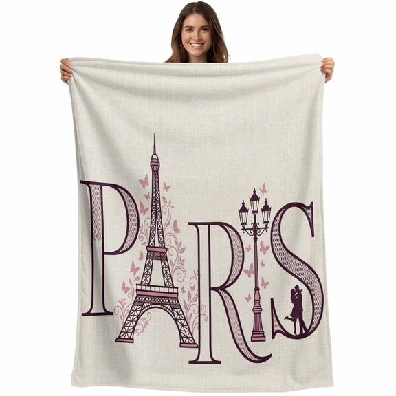 PARIS Blanket Soft Cozy Warm Throw Blanket for Couch, Plush Fuzzy Flannel Blankets for Sofa, Vintage Pink Eiffel Tower Romantic Leaves Couple Bed Blankets Lightweight Gifts for Women, 50"x60"