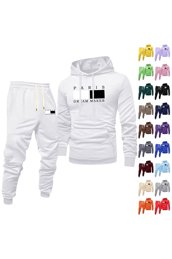 PARIS DREAM MAKER Men's Winter 2-Piece Casual Set, Printed Hooded Sweatshirt and Sweatpants, Sportswear Lounge Outfit For Street Style and Daily Use,Red,M