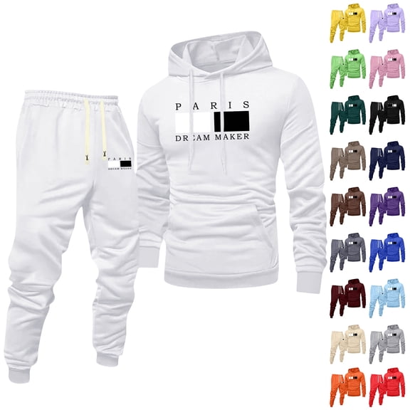 PARIS DREAM MAKER Men's Winter 2-Piece Casual Set, Printed Hooded Sweatshirt and Sweatpants, Sportswear Lounge Outfit For Street Style and Daily Use,White,M