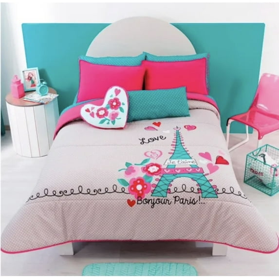 PARIS EIFFEL TOWER TEENS KIDS GIRLS REVERSIBLE COMFORTER SET 5 PCS QUEEN SIZE