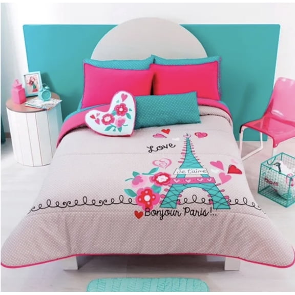 PARIS EIFFEL TOWER TEENS KIDS GIRLS REVERSIBLE COMFORTER SET 5 PCS QUEEN SIZE