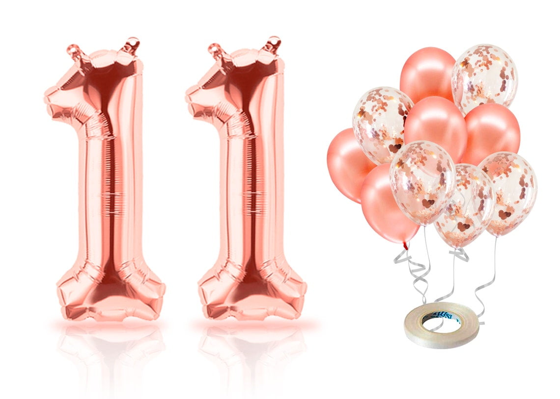 PARIS PRODUCTS - 11th Birthday Rose Gold Balloons & Number 11 Mylar Balloon, 11th Birthday Party Decor, 11th Birthday Decorations for Girl, Double Digits Birthday Decorations Girl 11