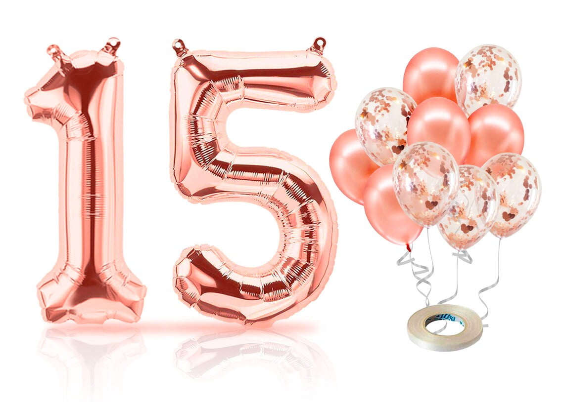 PARIS PRODUCTS - 15th Birthday Rose Gold Balloons & Number 15 Mylar Balloon, 15th Birthday Party Decor, 15th Birthday Decorations for Girl, 15th Birthday Balloons, Quinceanera Decorations