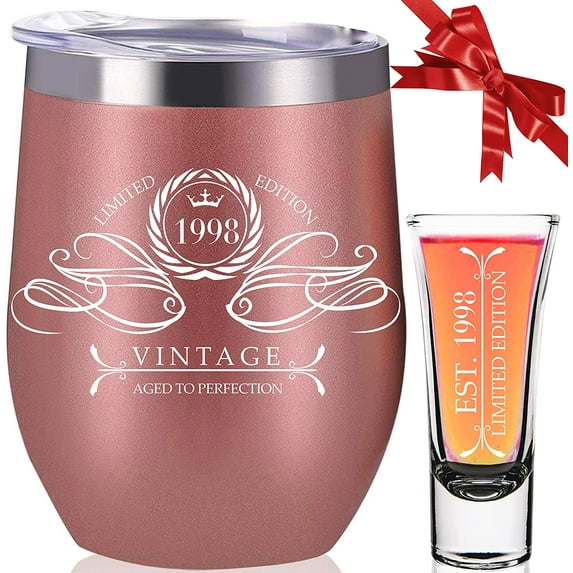 PARIS PRODUCTS - Vintage 1998 Aged To Perfection 25 Stainless Steel Wine Tumbler + Shot Glass, 25th Bday Gifts, Happy 25th Birthday Decorations for Women, 25th Birthday Gifts for Women, 25 Gift Ideas