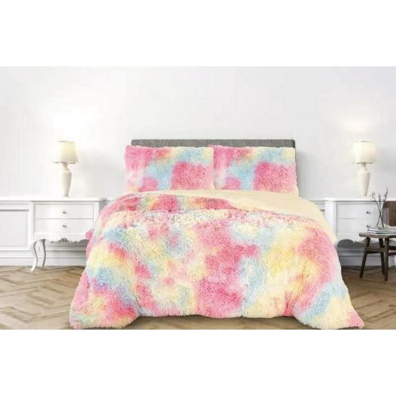 PARIS RAINBOW COLOR SHAGGY BLANKET WITH SHERPA SOFTY THICK AND WARM 3 PCS KING SIZE