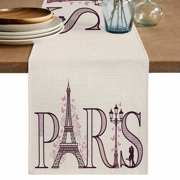 PARIS Table Runner 70 Inches Long,Vintage Pink Eiffel Tower Romantic Leaves Couple Cotton Linen Table Runners Dresser Scarves,Fabric Tabletop Scarf Furniture Cover for Home Dinner Party 13"x70"