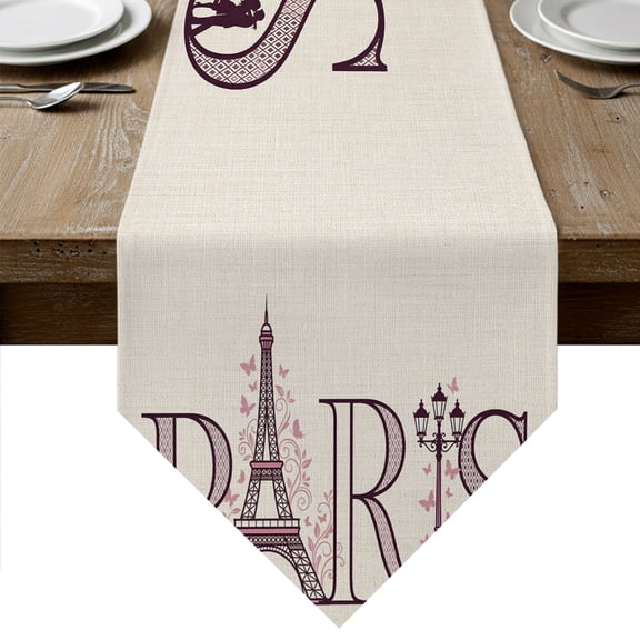 PARIS Table Runner Linen Burlap Table Runner 120 Inches Long Vintage Pink Eiffel Tower Romantic Leaves Couple Dresser Scarves for Kitchen Island Coffee Dining Room Party Holiday Decor 13"x120"