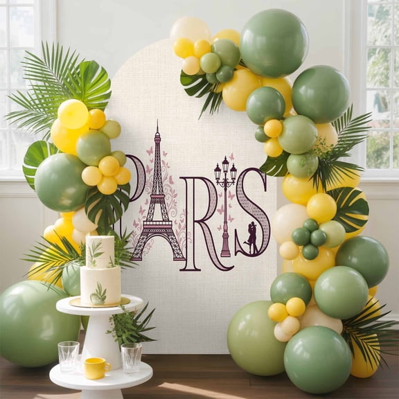 PARIS Text Arch Backdrop Cover, 4FT, Eiffel Tower Street Light Pink Butterfly Floral Vine Spandex Arch Covers Double-Sided Backdrop for Wedding Birthday Party Photo Background Decoration