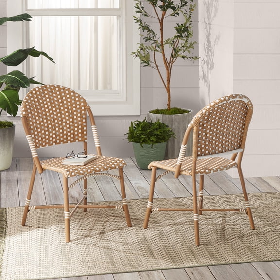 Better Homes & Gardens Lilah Outdoor 2-Piece Wicker Parisian Bistro Chairs, Tan & White