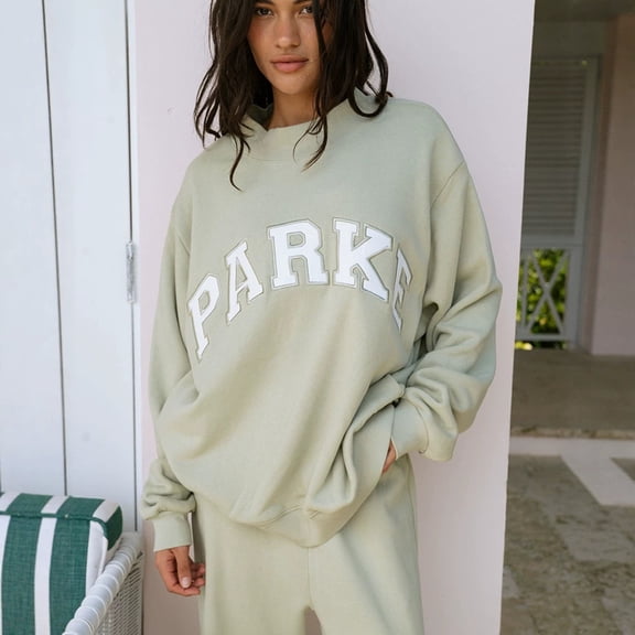 PARKE Letter Patch Embroidery Loose Long Sleeve Casual Pullover Tops