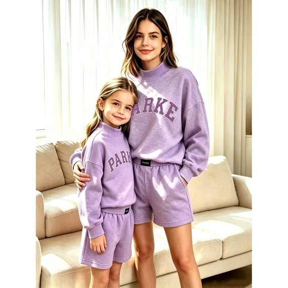 PARKE Matching Mother-Daughter Sweatshirt Set – Casual Embroidered-Letter Sweatshirt and Shorts