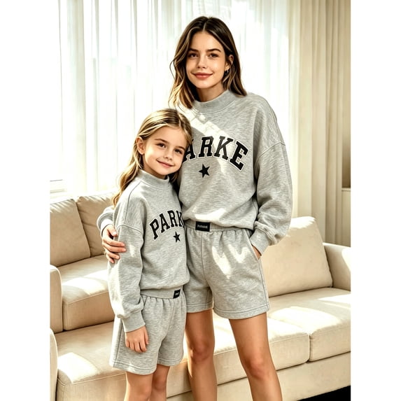 PARKE Matching Mother-Daughter Sweatshirt Set – Casual Embroidered-Letter Sweatshirt and Shorts