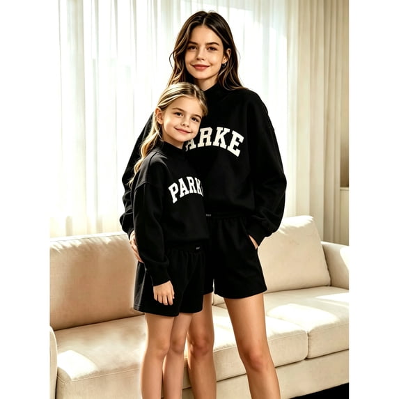 PARKE Matching Mother-Daughter Sweatshirt Set – Casual Embroidered-Letter Sweatshirt and Shorts
