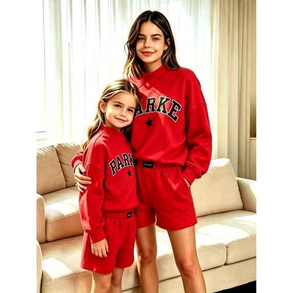 PARKE Matching Mother-Daughter Sweatshirt Set – Casual Embroidered-Letter Sweatshirt and Shorts