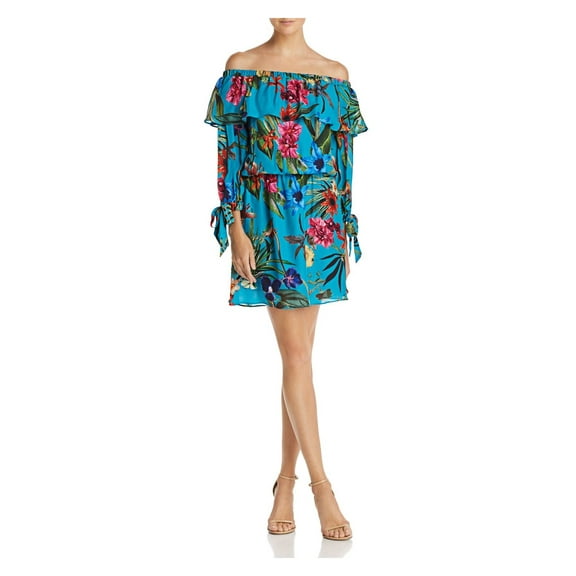 PARKER $385 Womens New 1411 Blue Floral Off Shoulder Long Sleeve A-Line Dress S