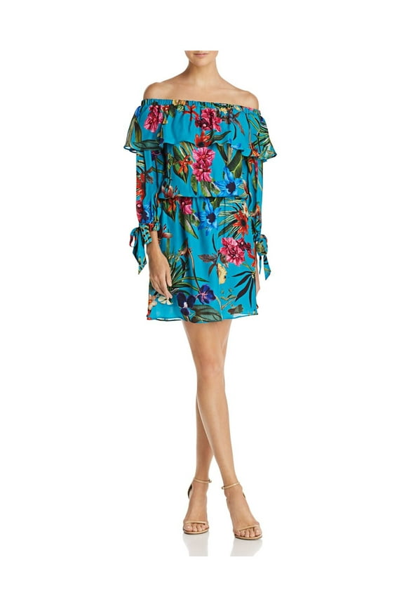 $385 Womens New 1411 Blue Floral Off Shoulder Long Sleeve A-Line Dress S