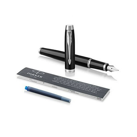 PARKER IM Fountain Pen, Black Lacquer Chrome Trim, Fine Nib with Blue Ink Refill (1931644)