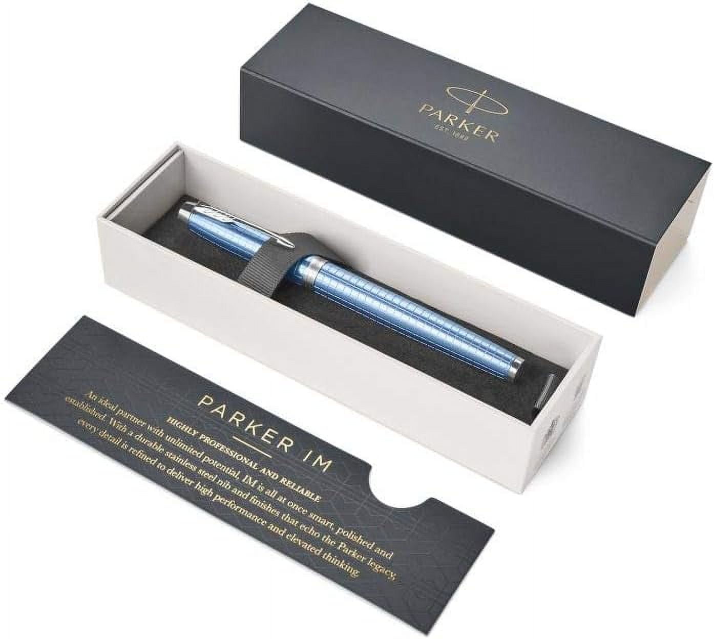 PARKER IM Rollerball Pen, Premium Blue with Fine Point Black Ink Refill, Gift Box (1931690) Pen with gift box Premium Blue and Chrome Standard Packaging