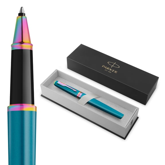 PARKER Meridian Rollerball Pen | Teal Lacquer with Rainbow Trims | Fine Nib | Handwriting Pens & Stationery Supplies | Black Ink | Luxury Gift Box
