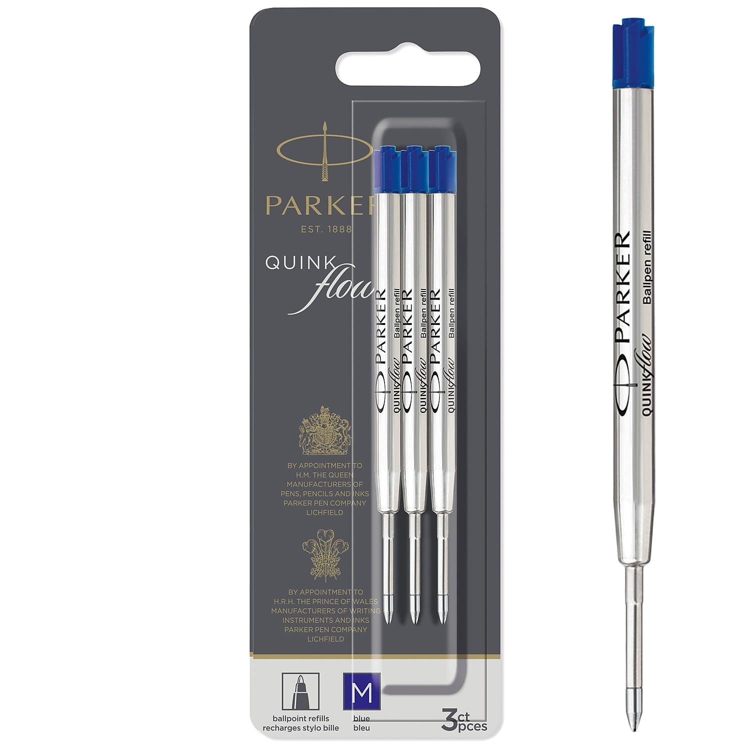 PARKER QUINKflow Ballpoint Pen Ink Refills, Medium Tip, Blue, 3 Count