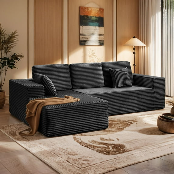 PARKWELL 108" Oversized Modular Sectional Sofa – Modern L-Shaped Upholstered Cloud Couch with Deep Seating,Corduroy Sofa for Living Room Bedroom,No Assembly Required,Dark Gray