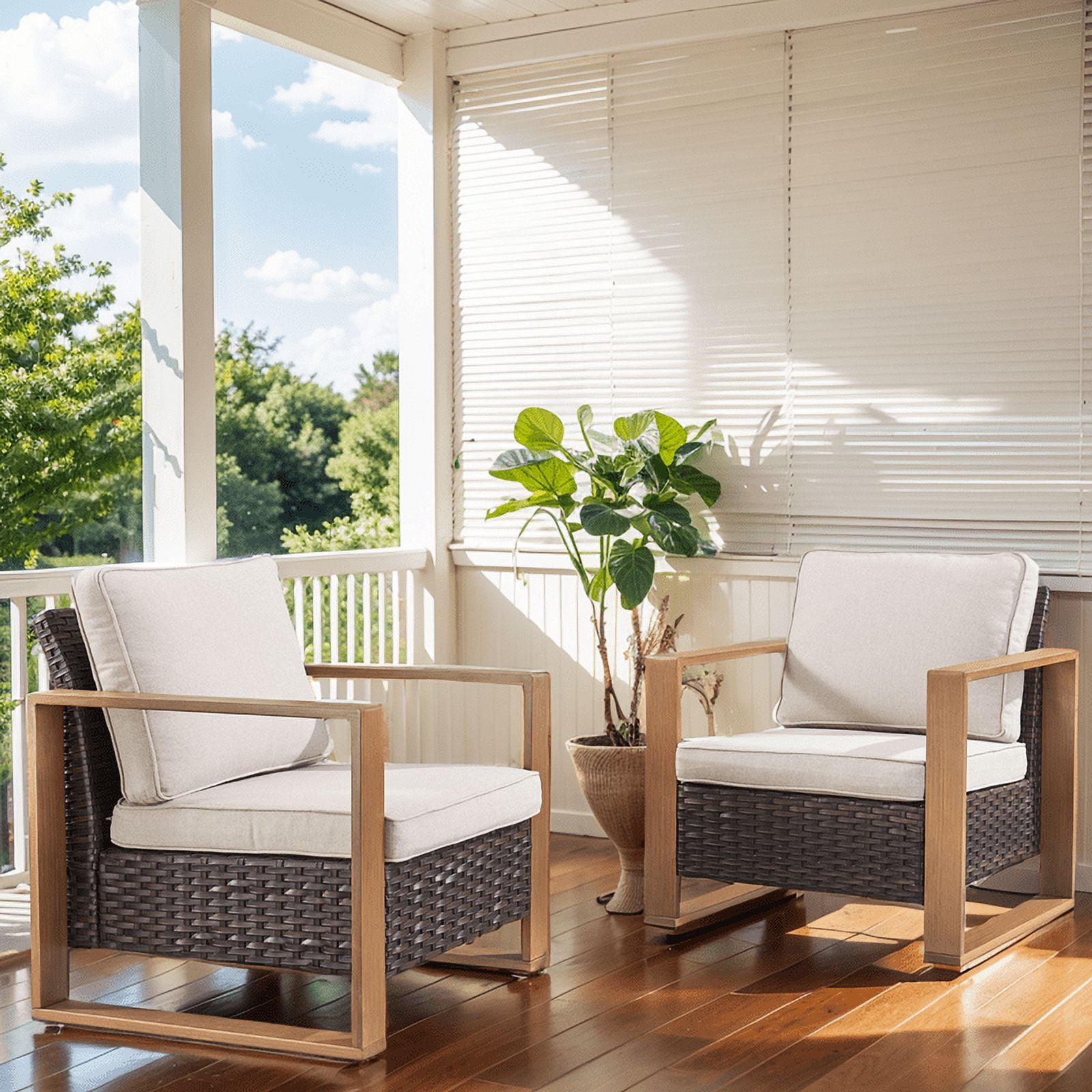 Beige and Brown Rattan Indoor-Outdoor Armchairs with Cushions