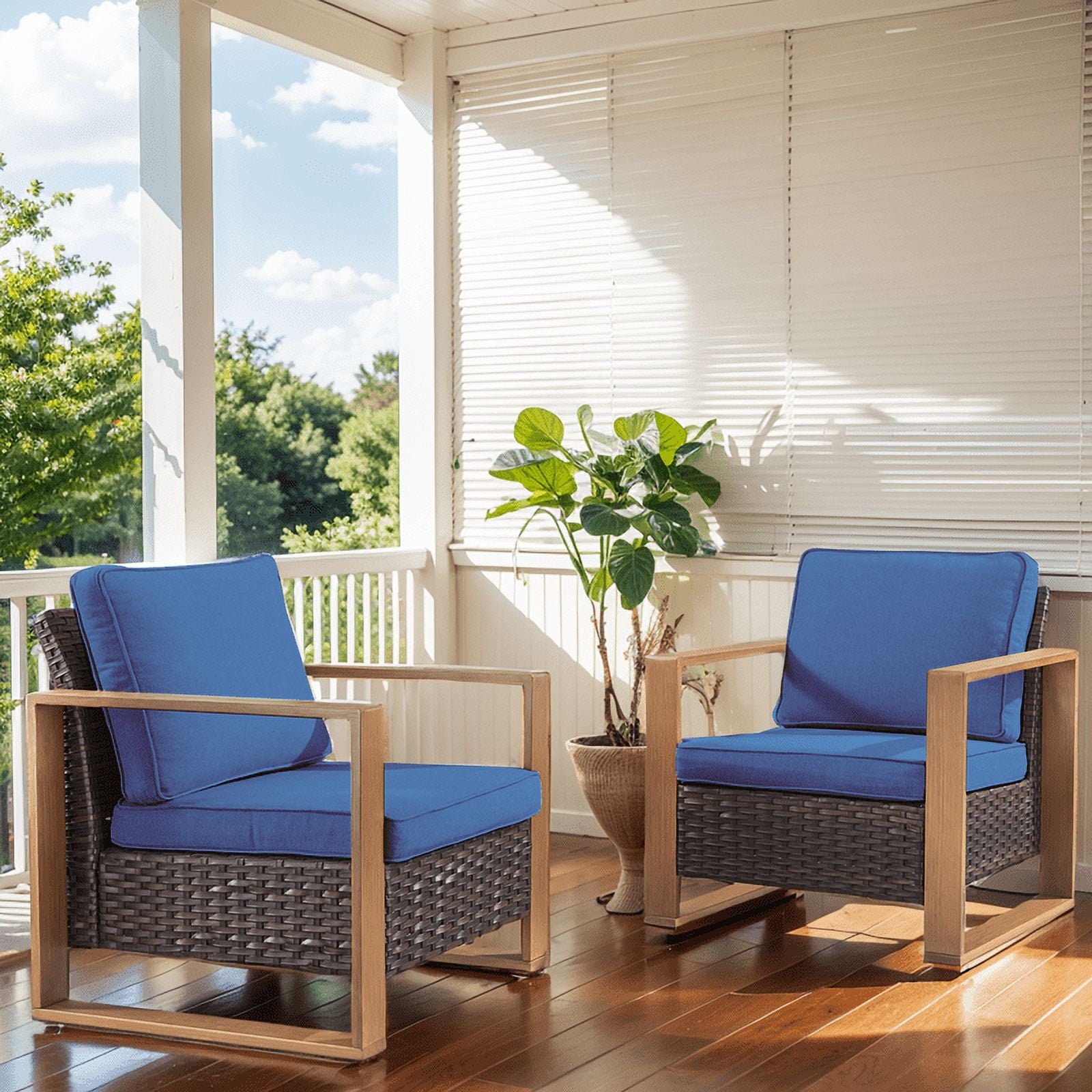 PARKWELL 2 Pack Brown Rattan Indoor-Outdoor Armchair w/Armrests,Padded Cushions Chairs for Patio, Deck, Garden, Yard - Blue