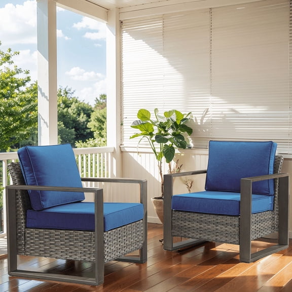 PARKWELL 2 Pack Gray Rattan Indoor-Outdoor Armchair w/Armrests,Padded Cushions Chairs for Patio, Deck, Garden, Yard - Blue