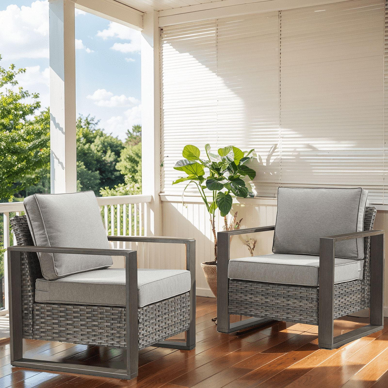Gray Powder-Coated Steel Outdoor Accent Chairs with Cushions, Set of 2